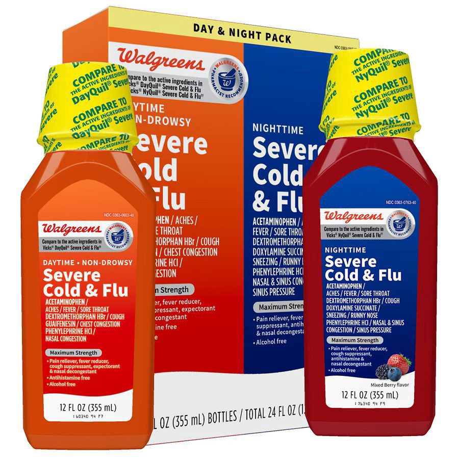 slide 3 of 5, Walgreens Severe Daytime & Nighttime Cold & Flu Liquid, 2 ct; 12 fl oz