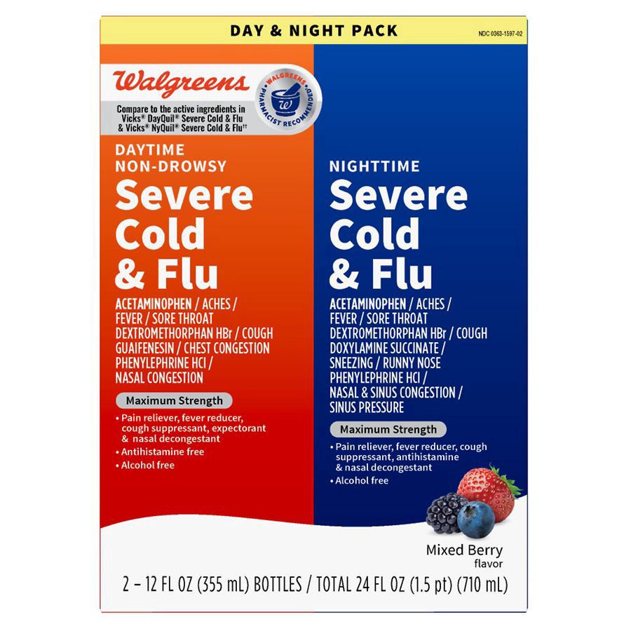slide 1 of 5, Walgreens Severe Daytime & Nighttime Cold & Flu Liquid, 2 ct; 12 fl oz