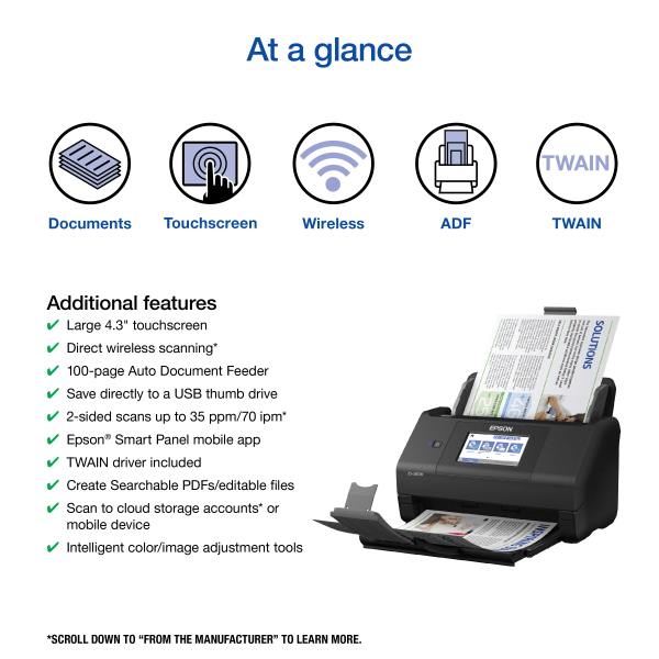 slide 3 of 6, Epson Workforce Es-580W Wireless Duplex Touch-Screen Document Scanner, B11B258201, 1 ct