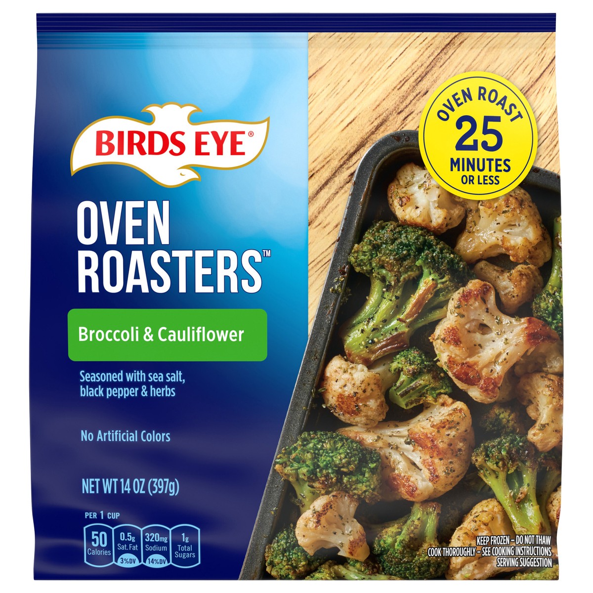 slide 1 of 9, Birds Eye Oven Roasters, Seasoned Broccoli and Cauliflower, Frozen Vegetables, 14 oz. Bag, 14 oz