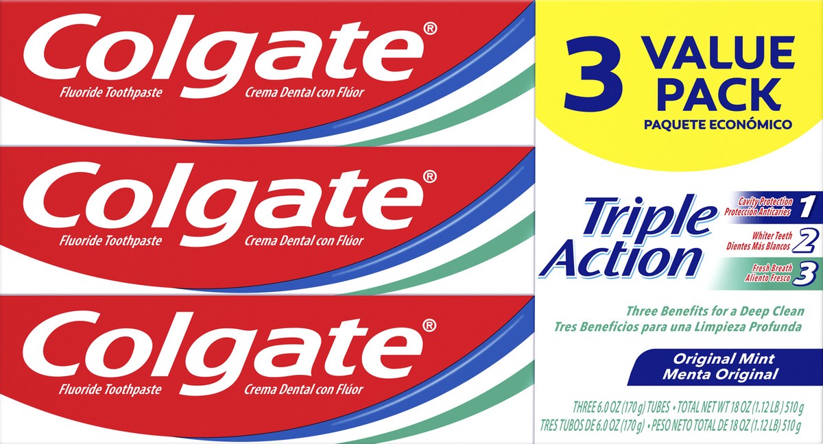 slide 2 of 5, Colgate Triple Action Toothpaste, Mint - 6.0 Ounce, 3 Pack, 1 PK