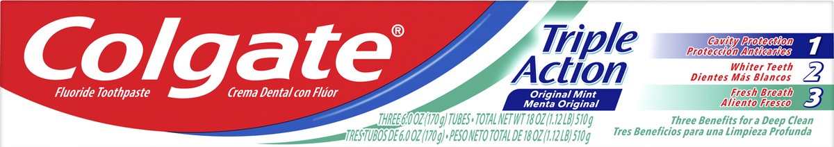 slide 5 of 5, Colgate Triple Action Toothpaste, Mint - 6.0 Ounce, 3 Pack, 1 PK