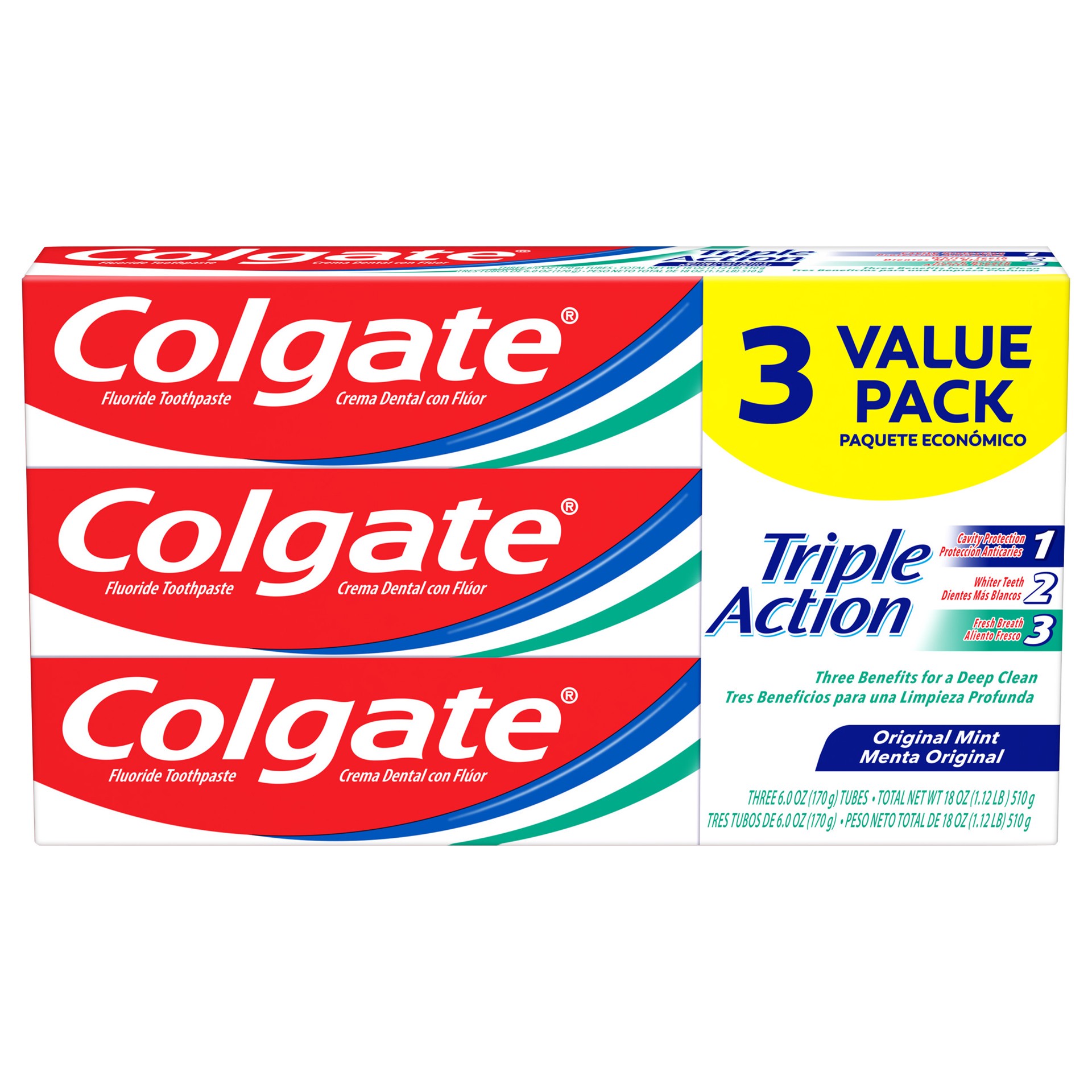 slide 1 of 5, Colgate Triple Action Toothpaste, Mint - 6.0 Ounce, 3 Pack, 1 PK