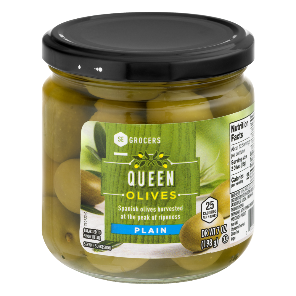 slide 1 of 1, SE Grocers Plain Queen Olives, 7 oz