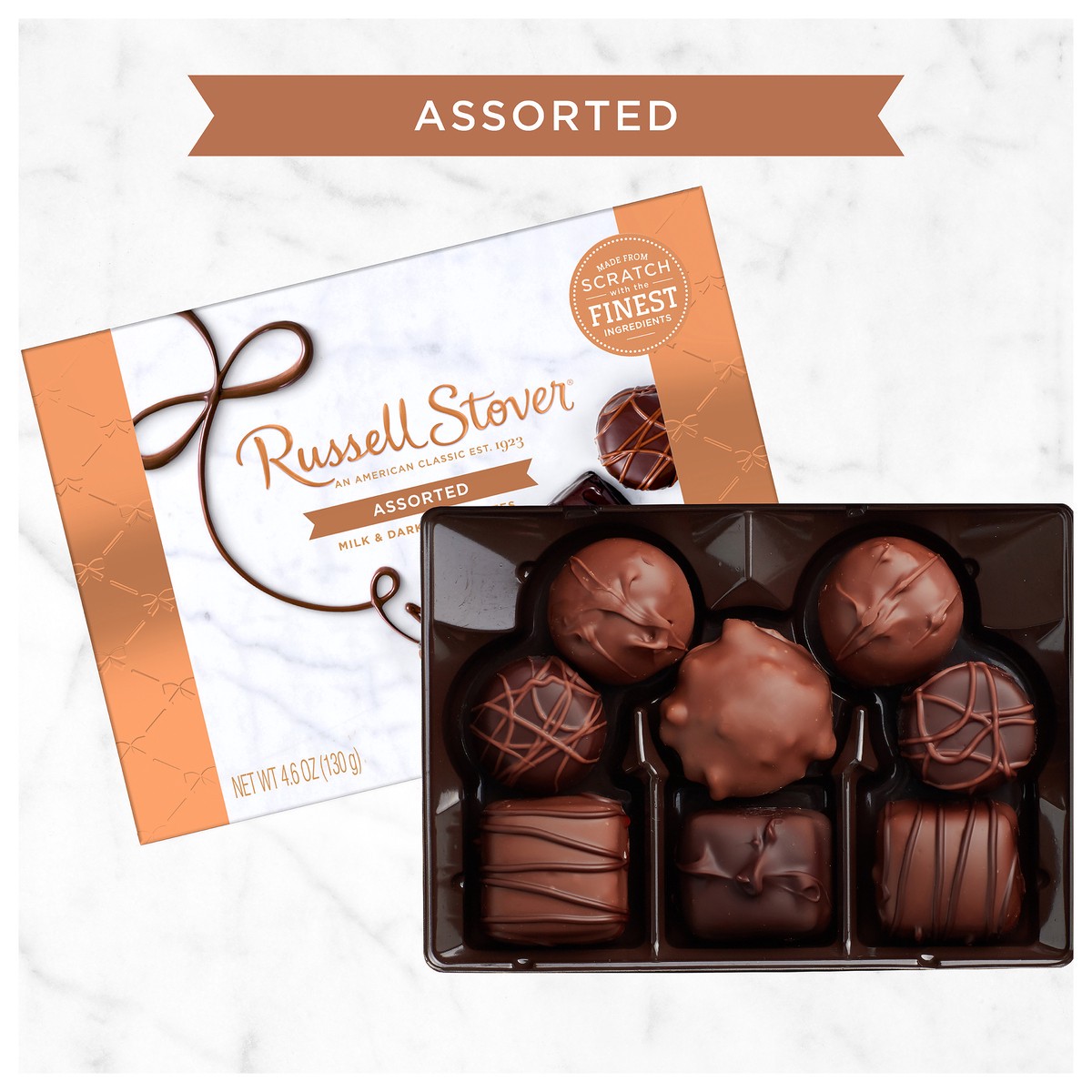 slide 1 of 9, Russell Stover Assorted Milk & Dark Chocolate Gift Box, 4.6 oz. (˜ 8 pieces), 8 ct