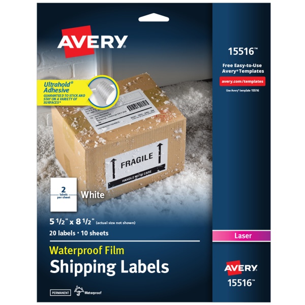 slide 1 of 10, Avery Weatherproof Laser Mailing Labels with Trueblock Technology, 15516, White, 20 ct
