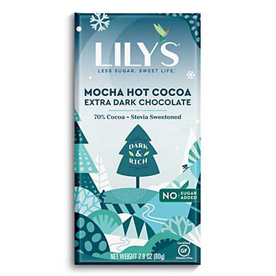 slide 1 of 1, Lily's Mocha Hot Cocoa Flavored Extra Dark Chocolate Style No Added Sugar, Christmas Bar, 2.8 oz, 2.8 oz