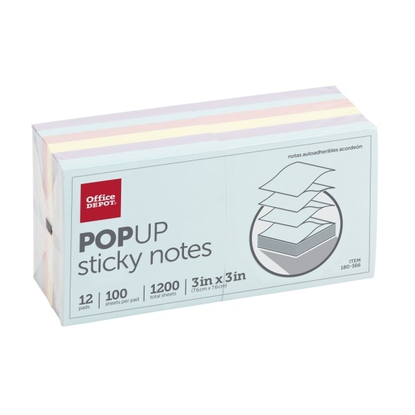 slide 1 of 4, Office Depot Brand Pop Up Sticky Notes, 3'' X 3'', Assorted Pastel Colors, 100 Sheets Per Pad, Pack Of 12, 12 ct