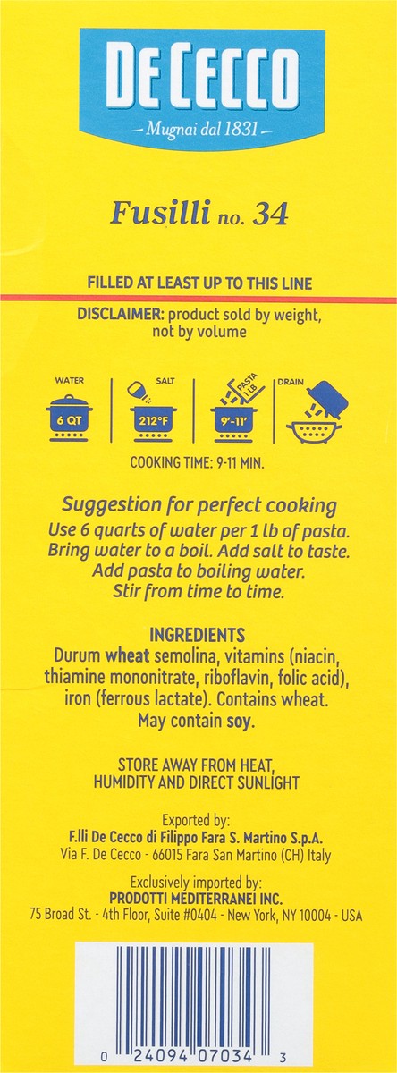 slide 8 of 9, De Cecco Slow Dried No. 34 Fusilli 1 lb, 1 lb