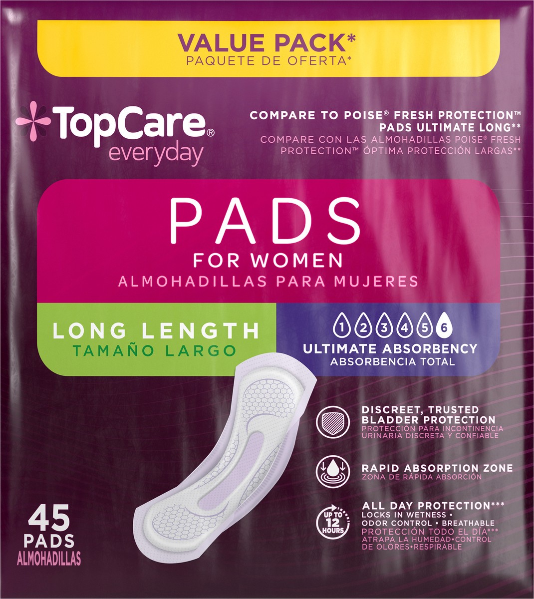 slide 7 of 15, TopCare Everyday Long Length Bladder Control Ultimate Absorbency Pads for Women Value Pack 45 Each, 45 ct