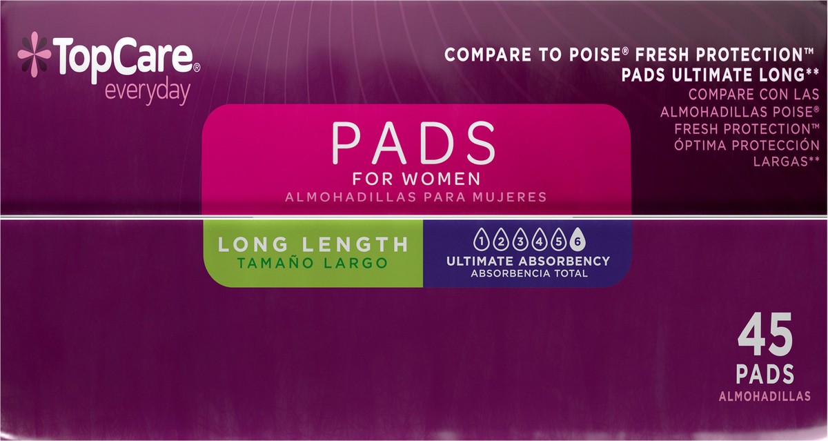 slide 2 of 15, TopCare Everyday Long Length Bladder Control Ultimate Absorbency Pads for Women Value Pack 45 Each, 45 ct
