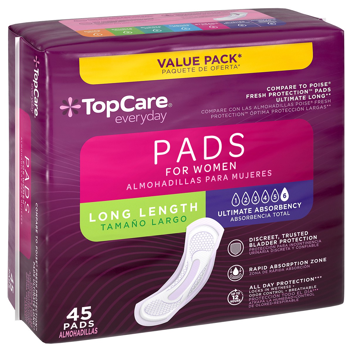 slide 10 of 15, TopCare Everyday Long Length Bladder Control Ultimate Absorbency Pads for Women Value Pack 45 Each, 45 ct
