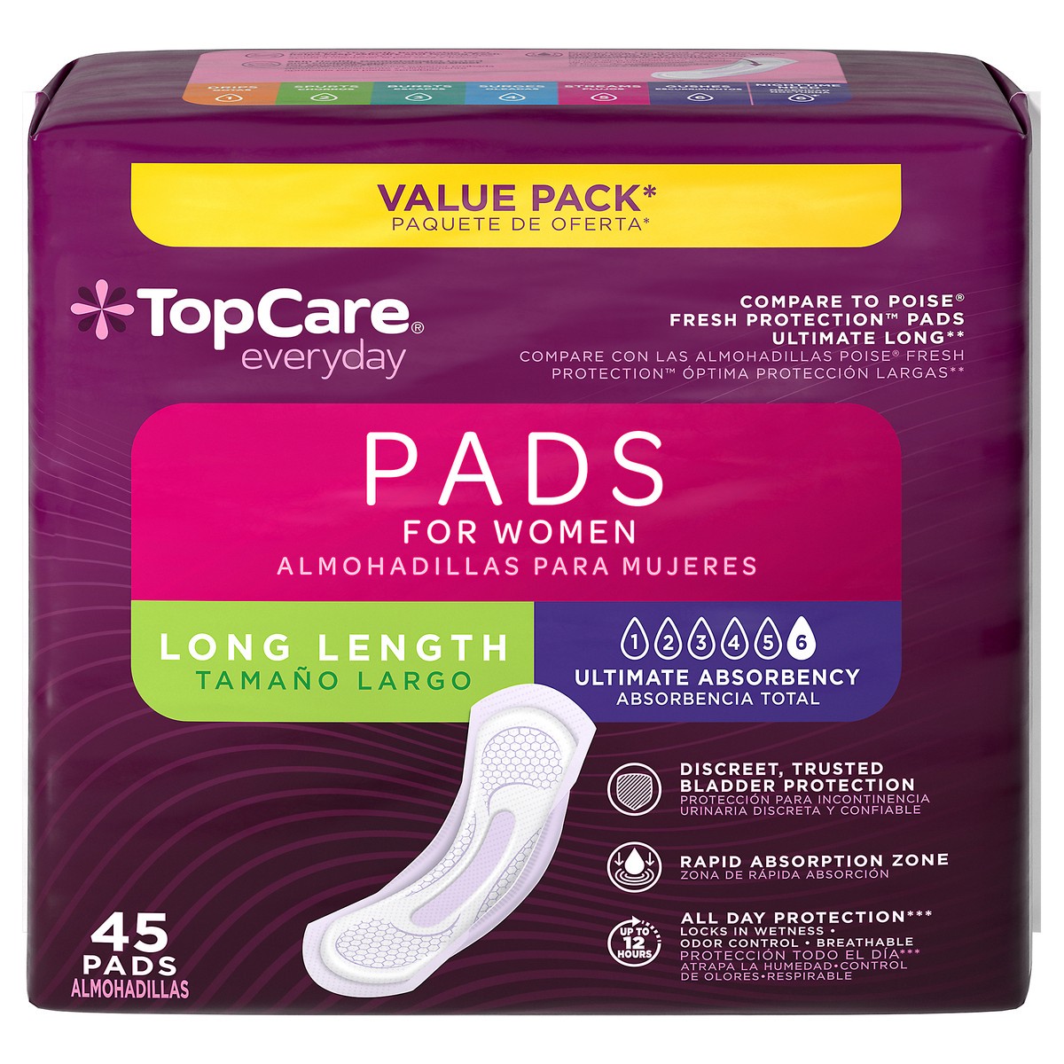 slide 5 of 15, TopCare Everyday Long Length Bladder Control Ultimate Absorbency Pads for Women Value Pack 45 Each, 45 ct