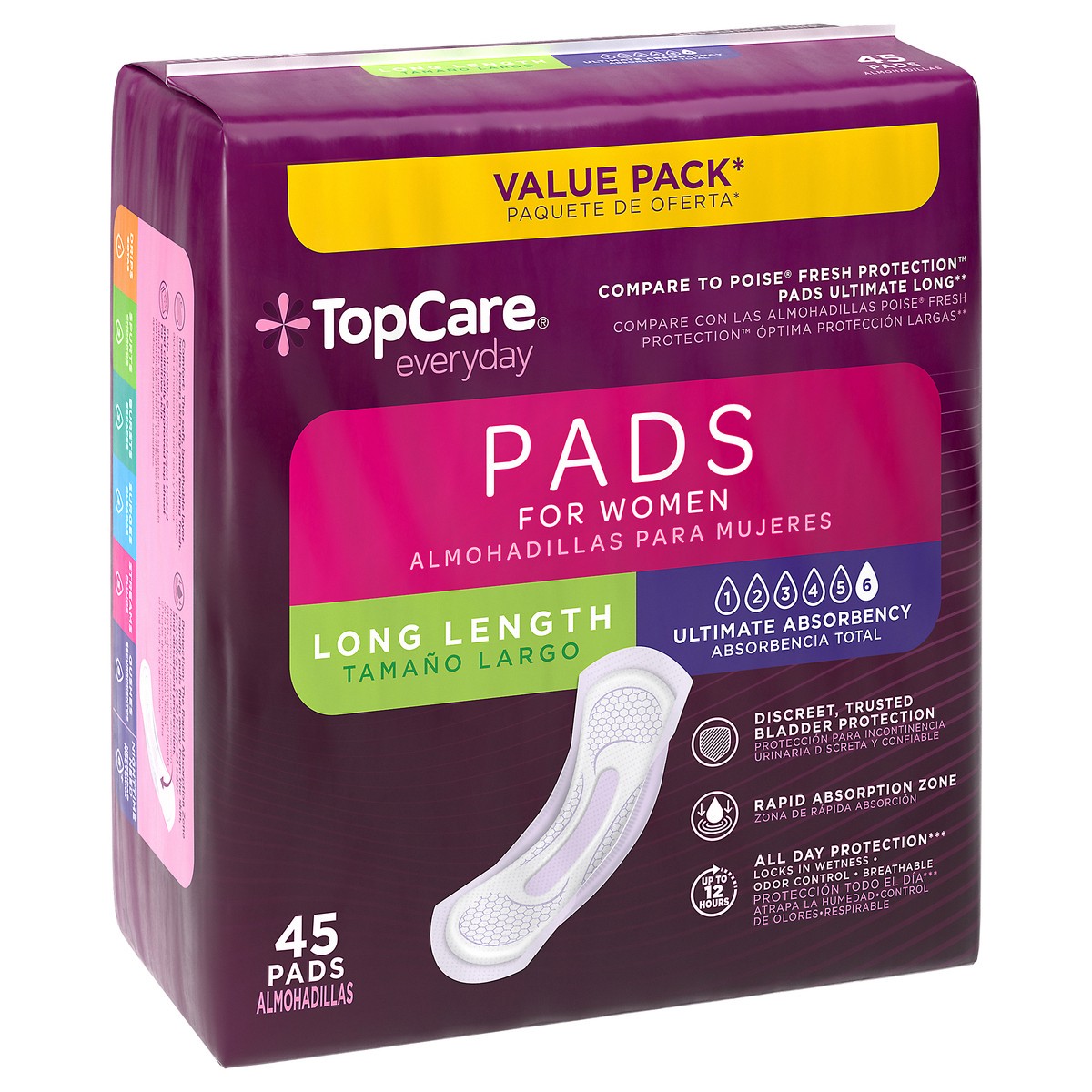 slide 4 of 15, TopCare Everyday Long Length Bladder Control Ultimate Absorbency Pads for Women Value Pack 45 Each, 45 ct