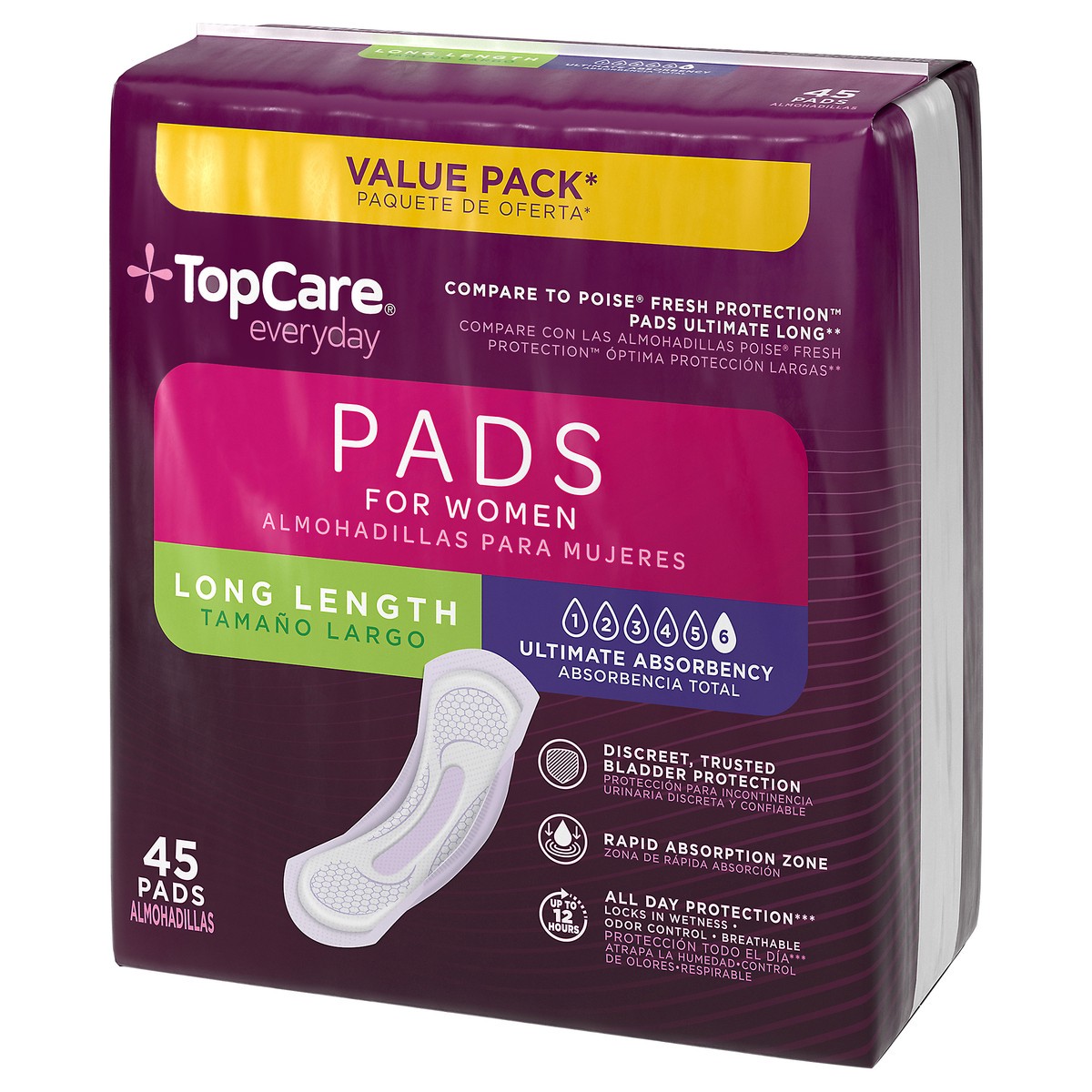 slide 9 of 15, TopCare Everyday Long Length Bladder Control Ultimate Absorbency Pads for Women Value Pack 45 Each, 45 ct