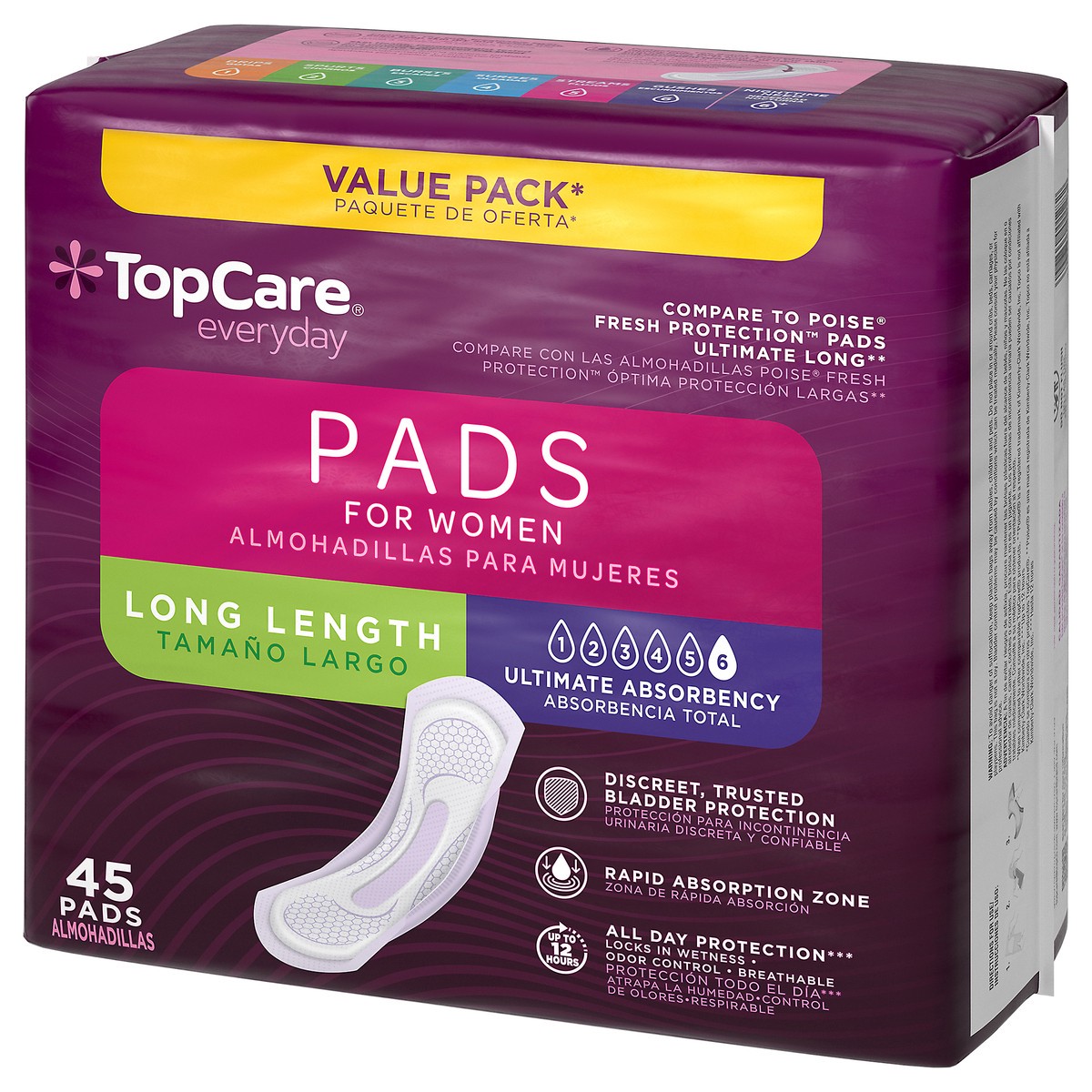 slide 15 of 15, TopCare Everyday Long Length Bladder Control Ultimate Absorbency Pads for Women Value Pack 45 Each, 45 ct