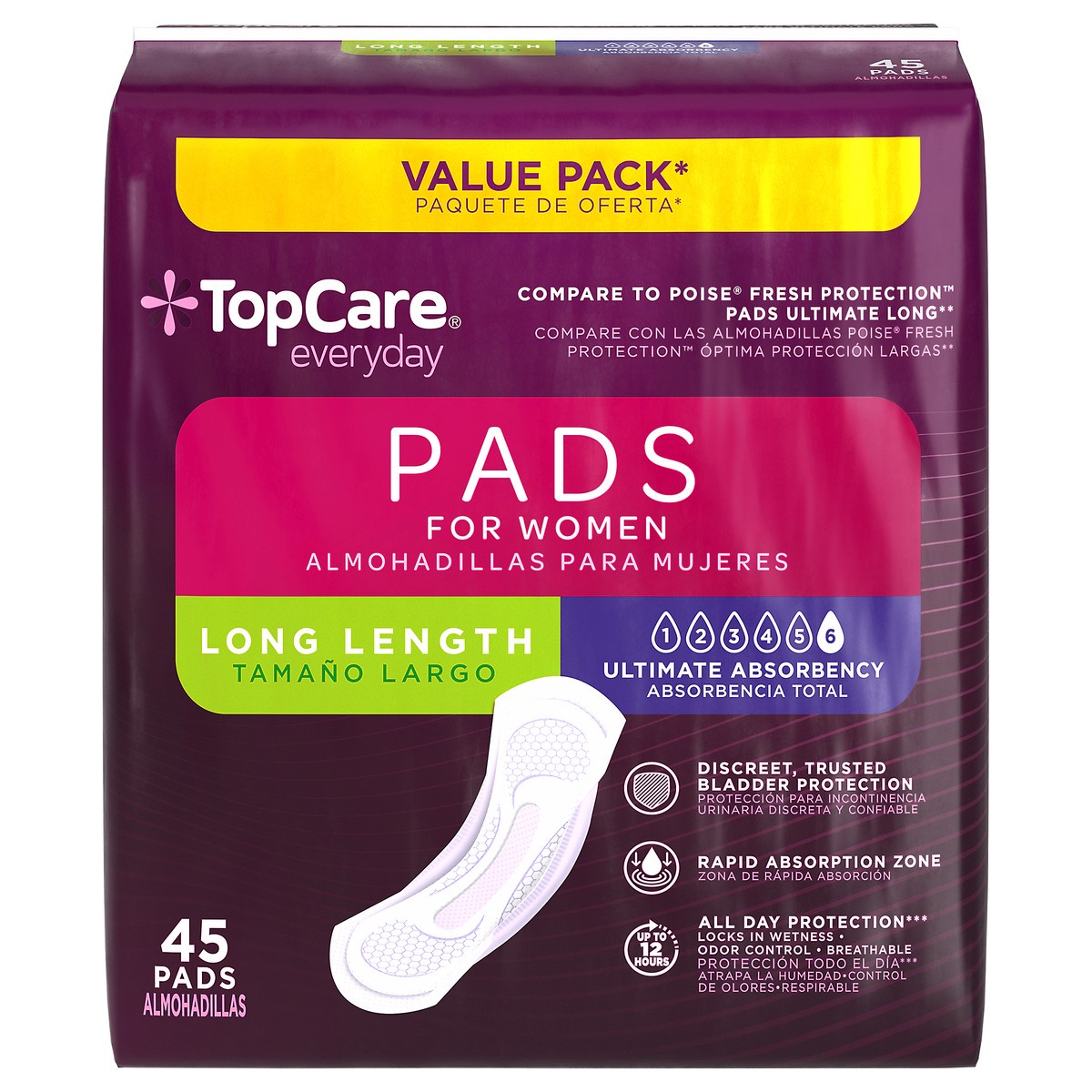 slide 14 of 15, TopCare Everyday Long Length Bladder Control Ultimate Absorbency Pads for Women Value Pack 45 Each, 45 ct