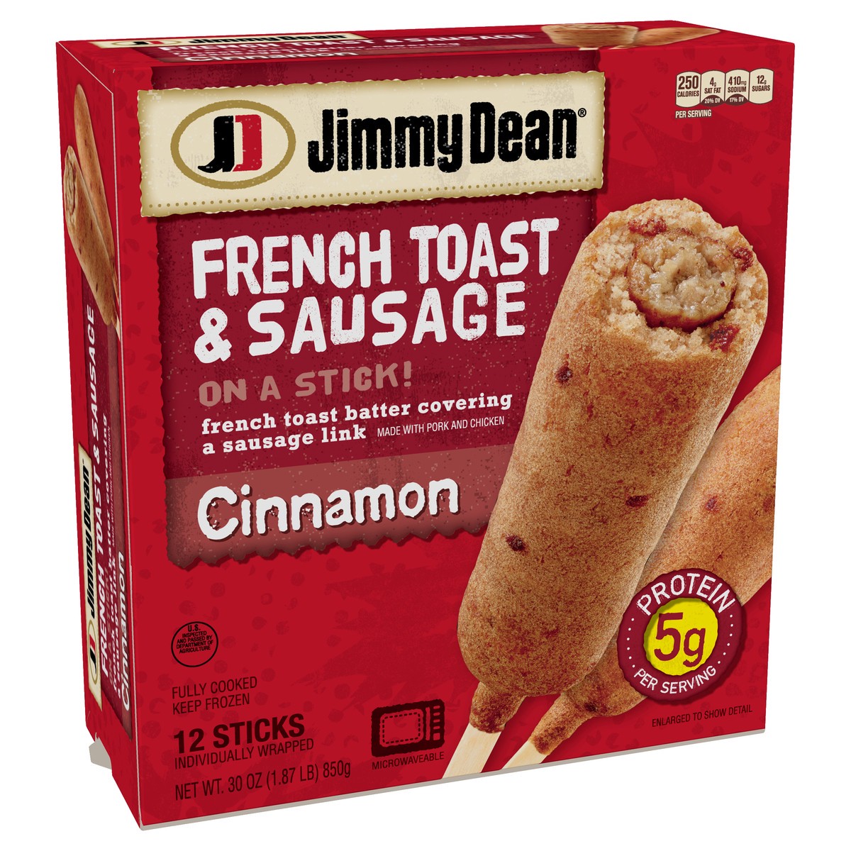 slide 3 of 8, Jimmy Dean Cinnamon French Toast & Sausage on a Stick, Frozen Breakfast, 12 Count, 850.49 g