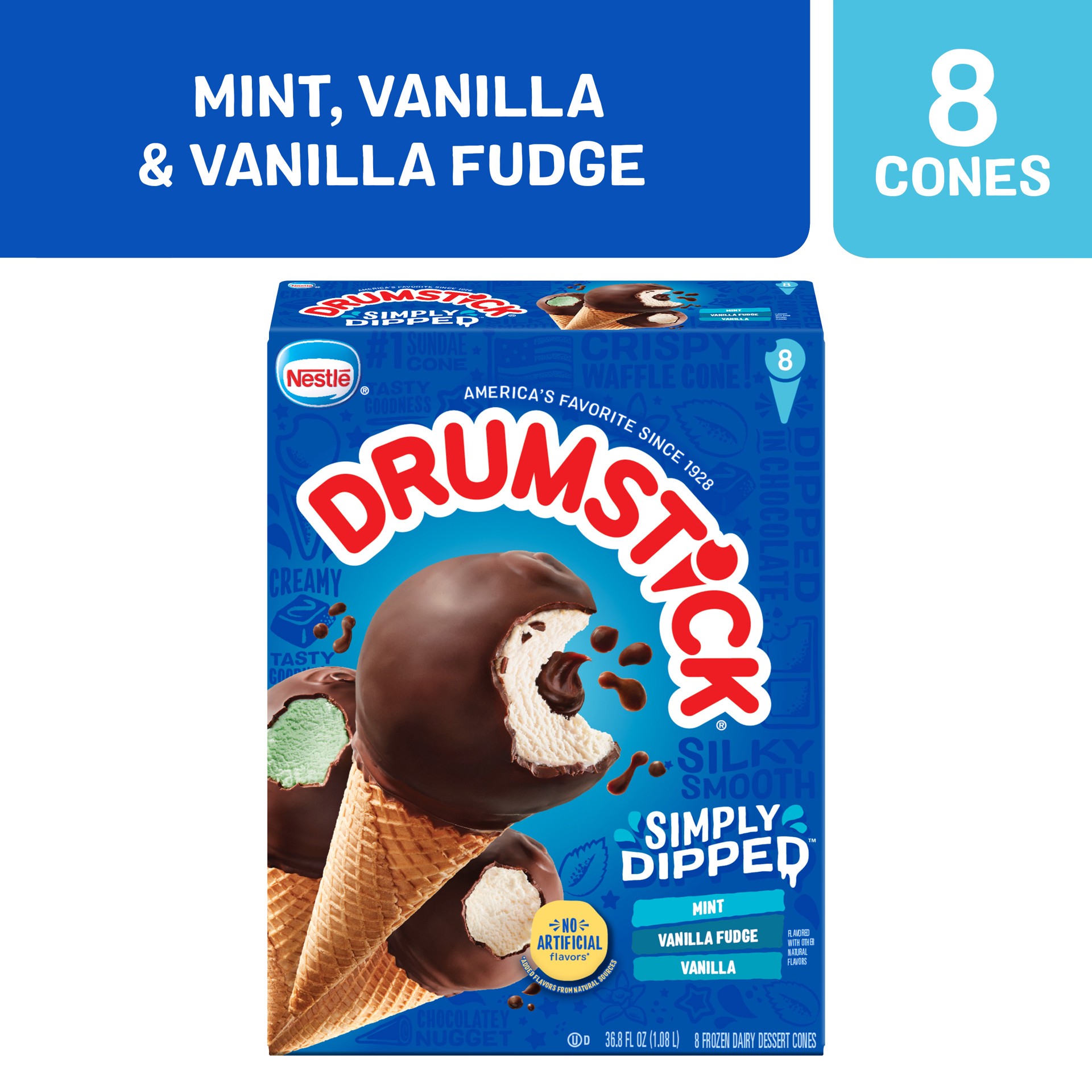 slide 3 of 5, Drumstick Simply Dipped Vanilla, Mint, Vanilla Fudge Cones Variety Pack, 8 Count, 8 ct