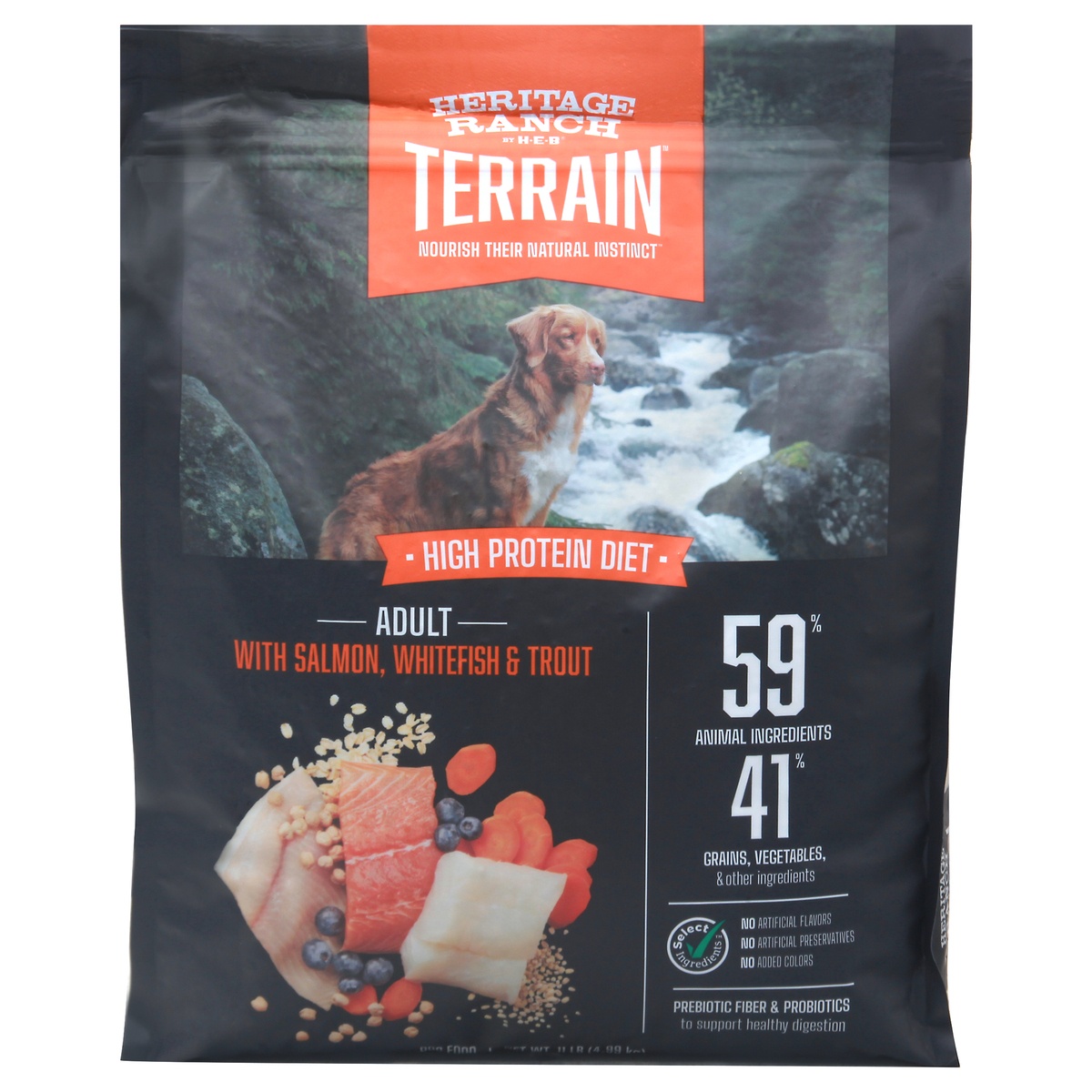 slide 1 of 1, Heritage Ranch by H-E-B Terrain Adult High Protein with Salmon Whitefish & Trout Dry Dog Food, 11 lb