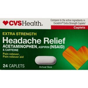 slide 1 of 1, CVS Health Extra Strength Headache Relief Acetaminophen, Aspirin (Nsaid) & Caffeine Caplets, 24 Ct, 24 ct