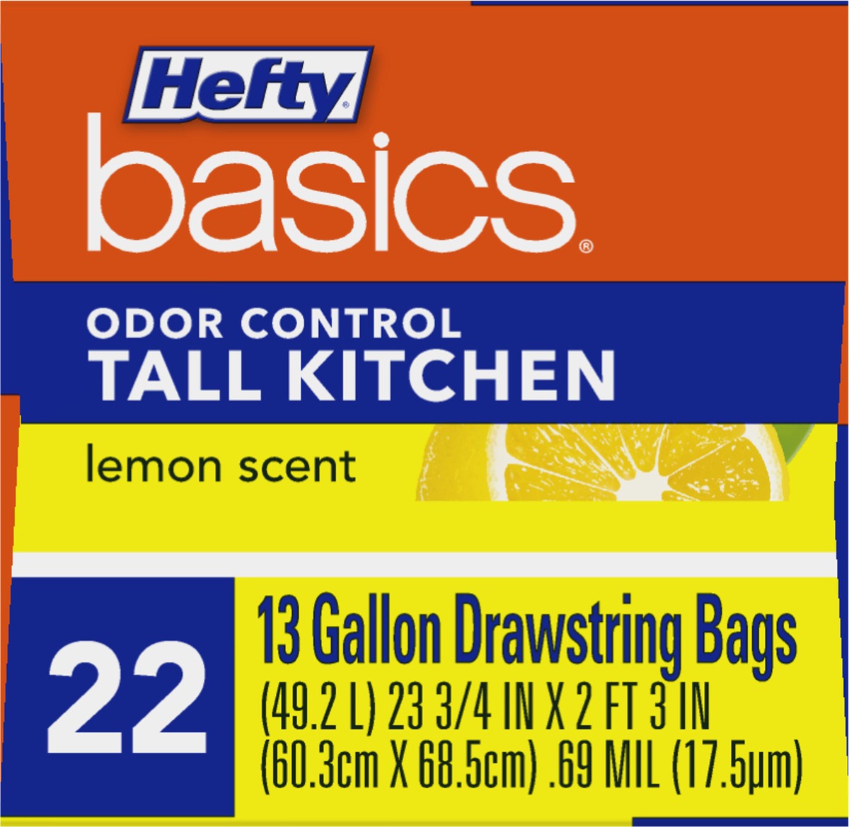 Hefty Basics Hefty Basics Odor Control Flex 13 Gallon Tall Kitchen  Drawstring Bags 42 ct Lemon Scent Box