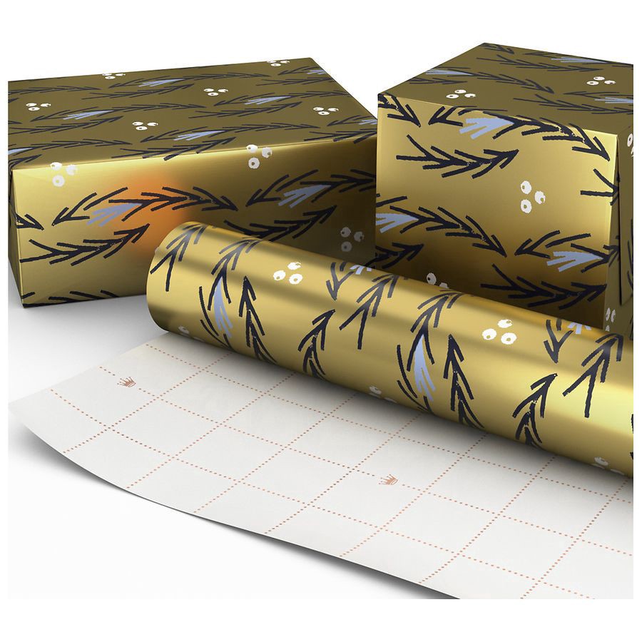 slide 4 of 5, Hallmark Holiday Wrapping Paper Roll (Illustrated Garlands on Gold Metallic), 1 ct