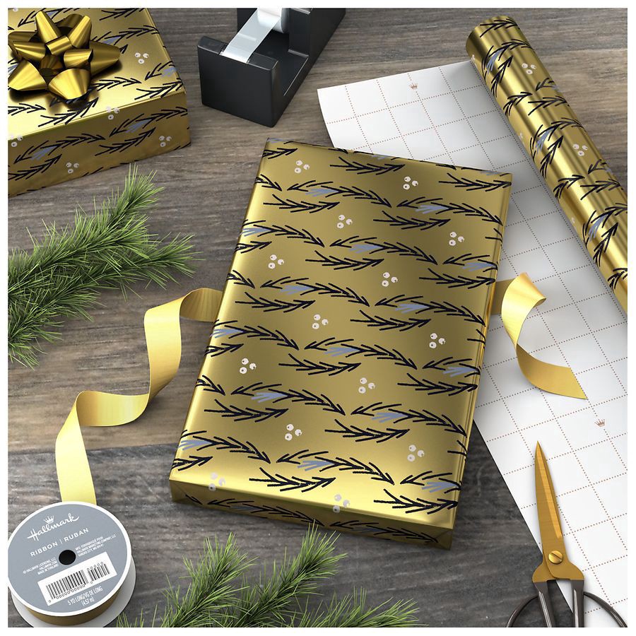 slide 2 of 5, Hallmark Holiday Wrapping Paper Roll (Illustrated Garlands on Gold Metallic), 1 ct