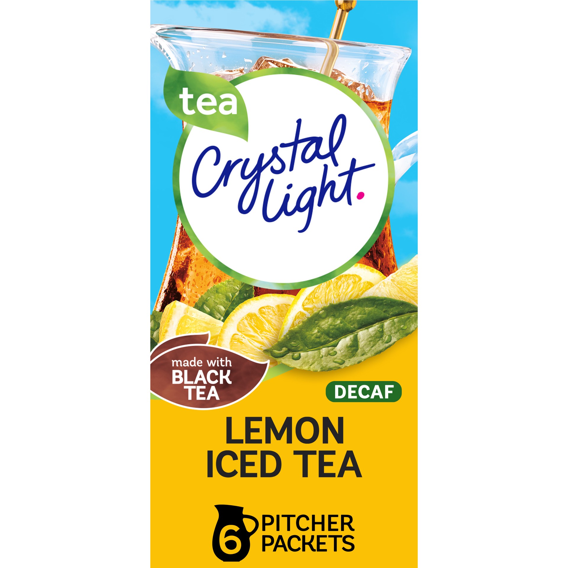 slide 1 of 9, Crystal Light Decaf Lemon Iced Tea Naturally Flavored Powdered Drink Mix, 6 ct Pitcher Packets, 6 ct