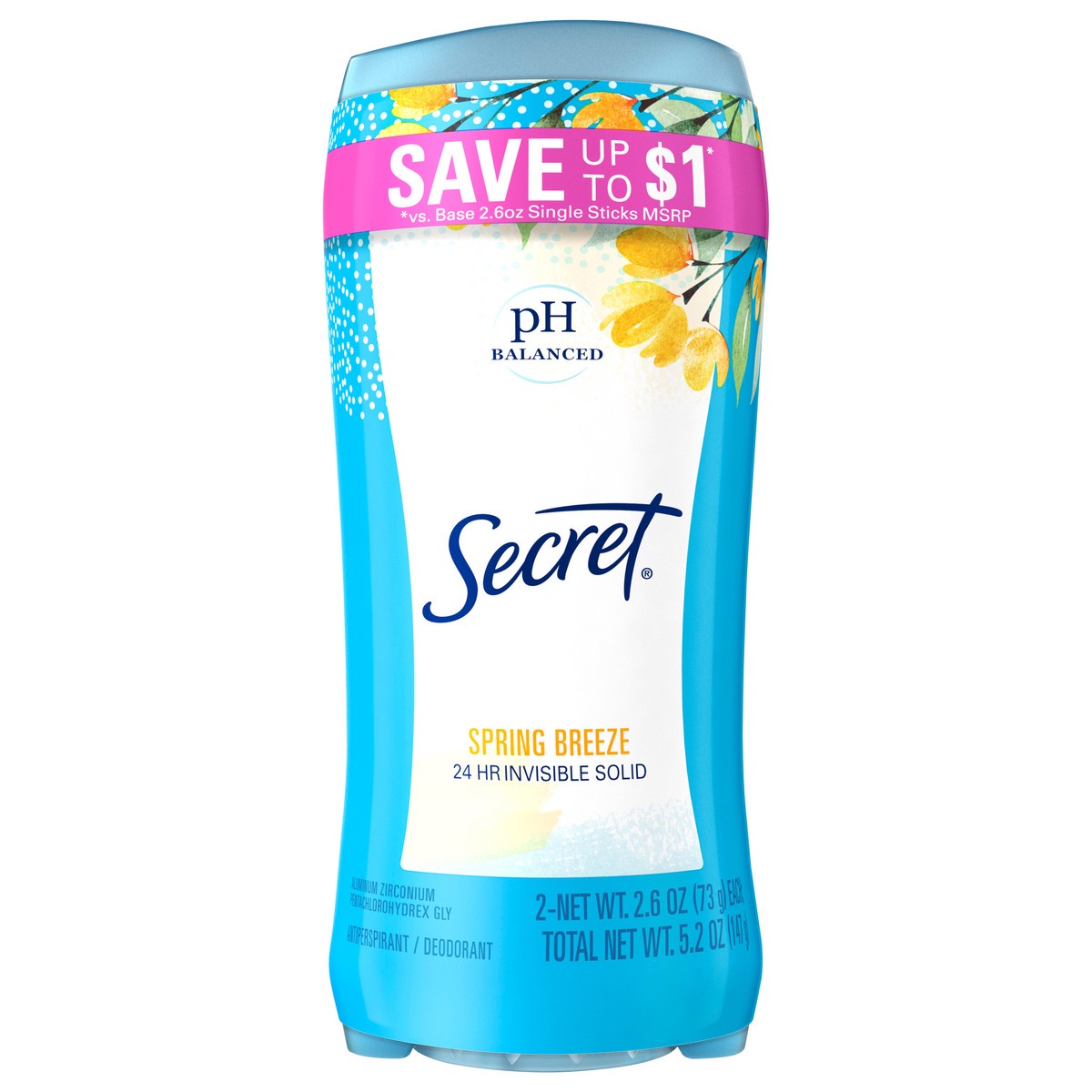 slide 1 of 8, Secret Invisible Solid Antiperspirant and Deodorant, Spring Breeze, Twin Pack, 2.6 oz each, 5.2 oz Total, 2 ct; 2.6 oz