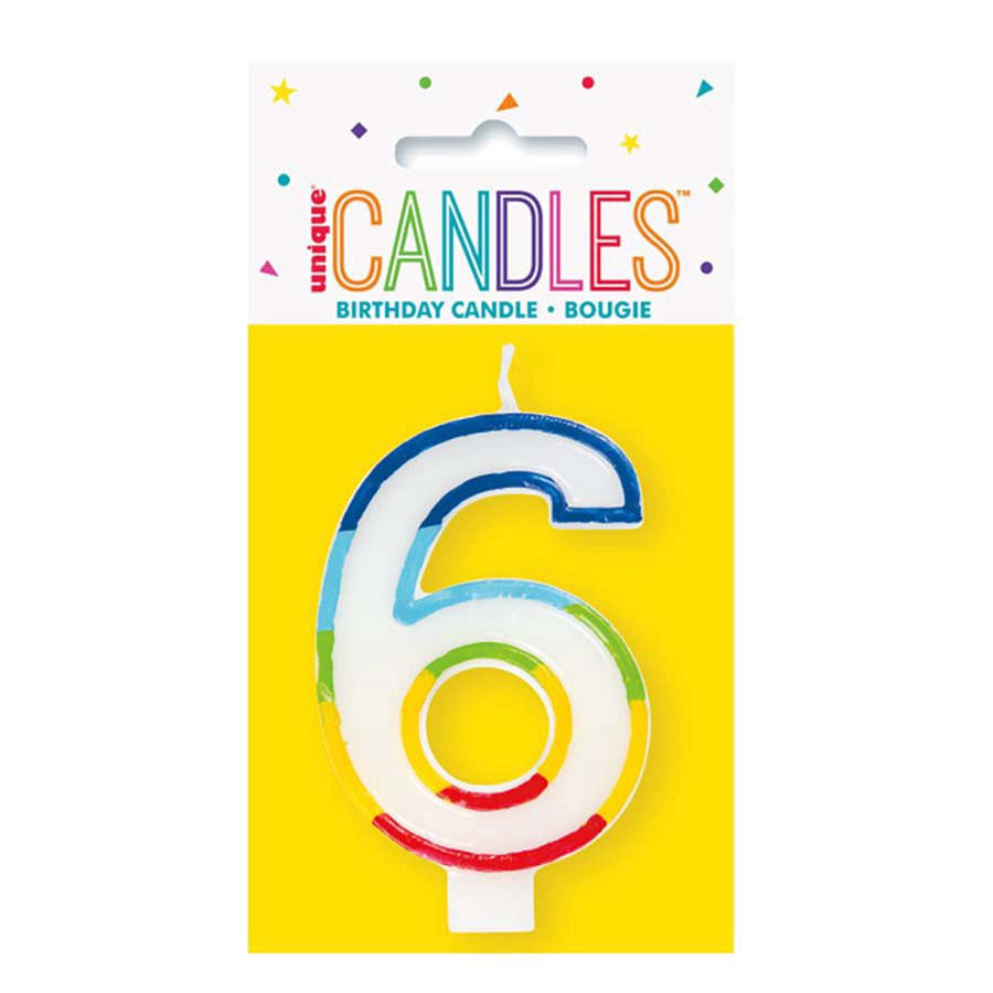slide 1 of 1, unique Rainbow Border Number 6 Birthday Candle, 3.25 in