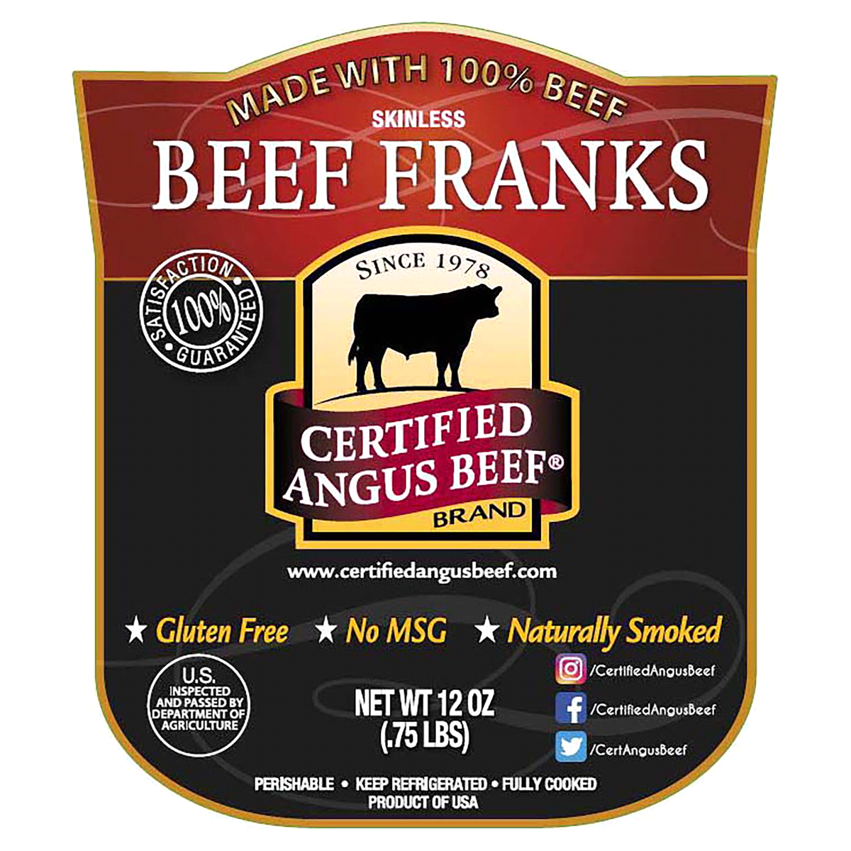 slide 1 of 1, Certified Angus Beef Franks, Beef, Skinless, 12 oz