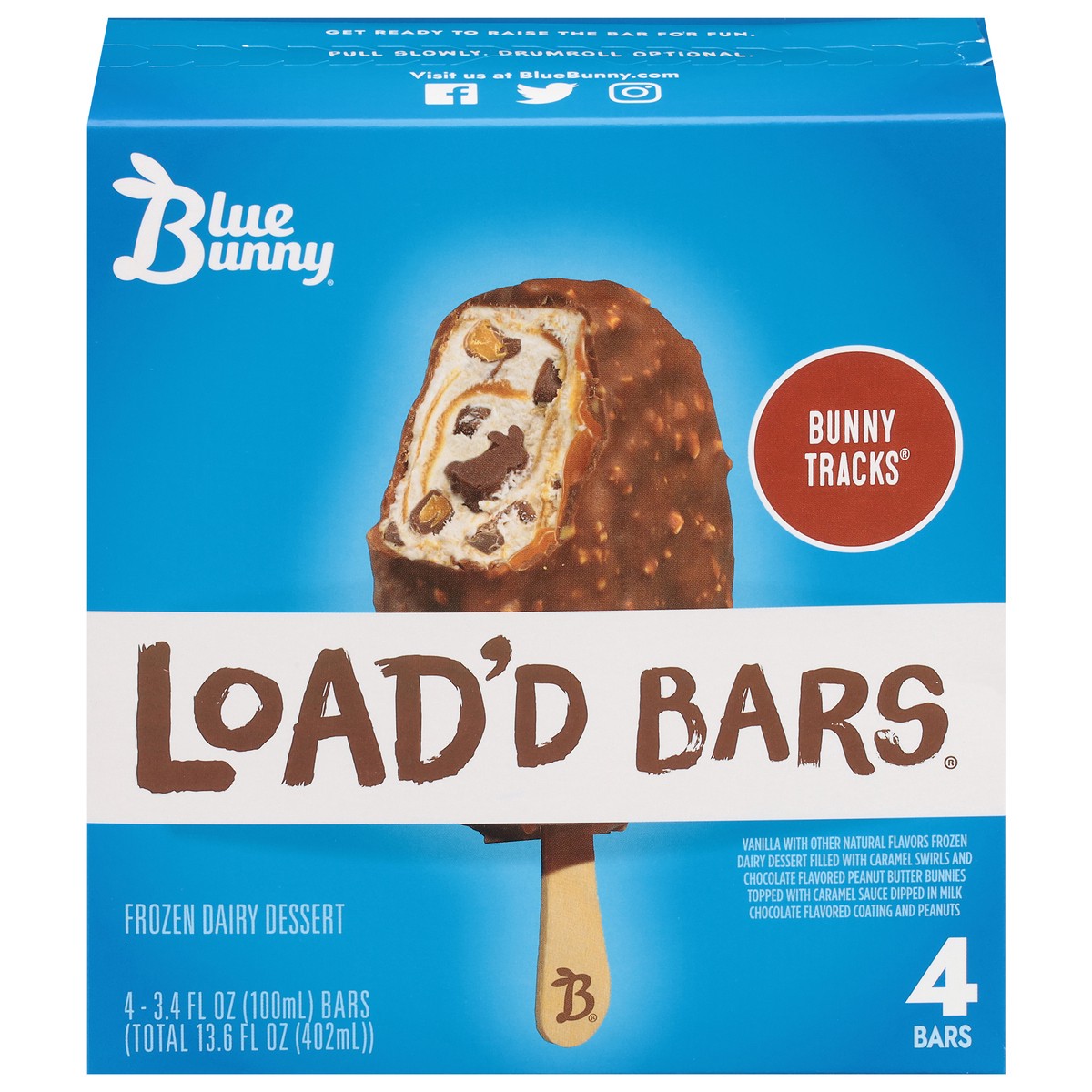 slide 1 of 5, Blue Bunny Load'd Bars Bunny Tracks Frozen Dairy Dessert 4 - 3.4 fl oz Bars, 4 ct; 3.4 fl oz