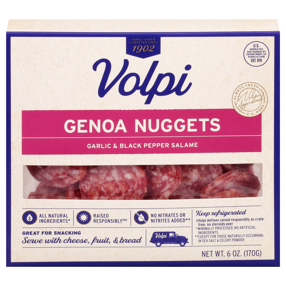 slide 1 of 9, Volpi Genoa Salami Nuggets | Garlic & Black Pepper 6oz, 6 oz