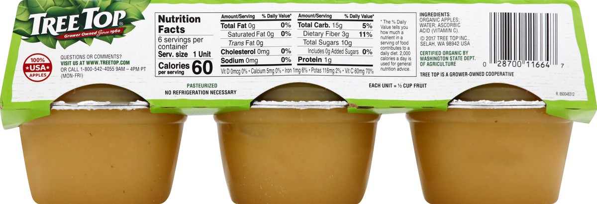 slide 7 of 7, Tree Top No Sugar Added Organic Apple Sauce 6 - 4 oz Cups, 6 ct