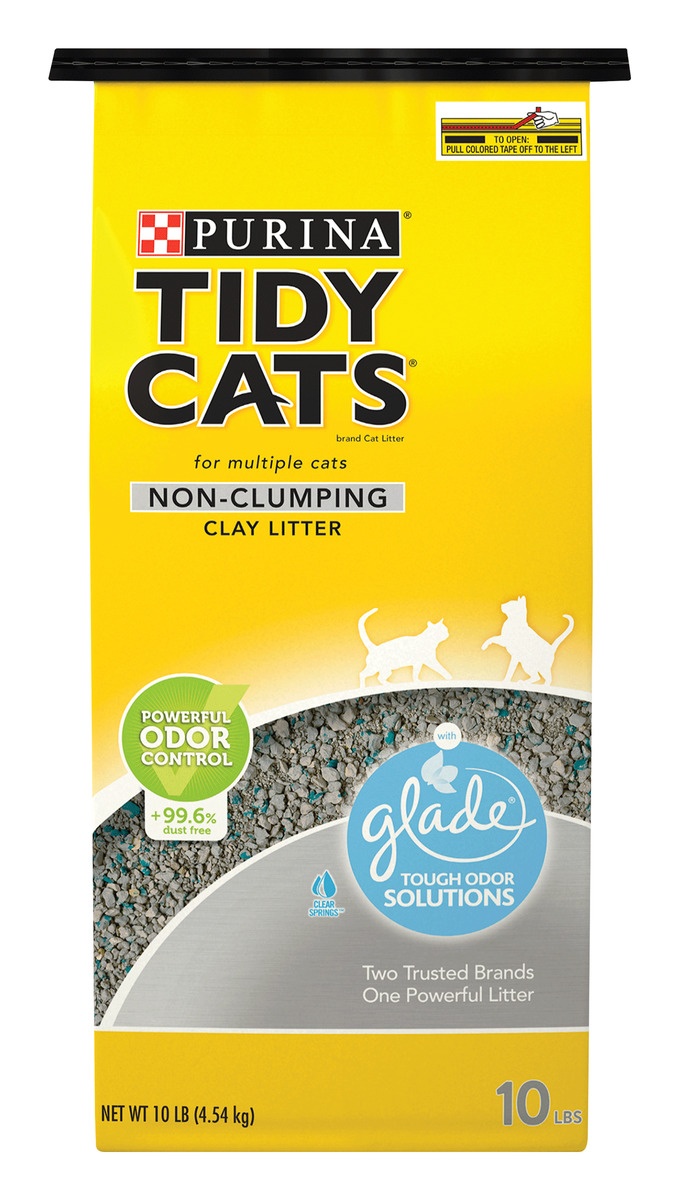 slide 1 of 1, Purina Tidy Cats Non-Clumping Cat Litter with Glade Tough Odor Solutions Clear Springs for Multiple Cats, 10 lb