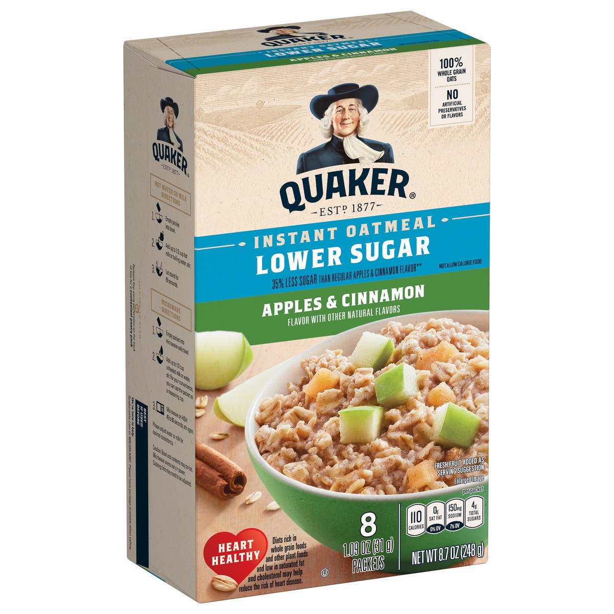 slide 8 of 8, Quaker Instant Oatmeal Lower Sugar Apples & Cinnamon 1.09 Oz 8 Count, 8 ct