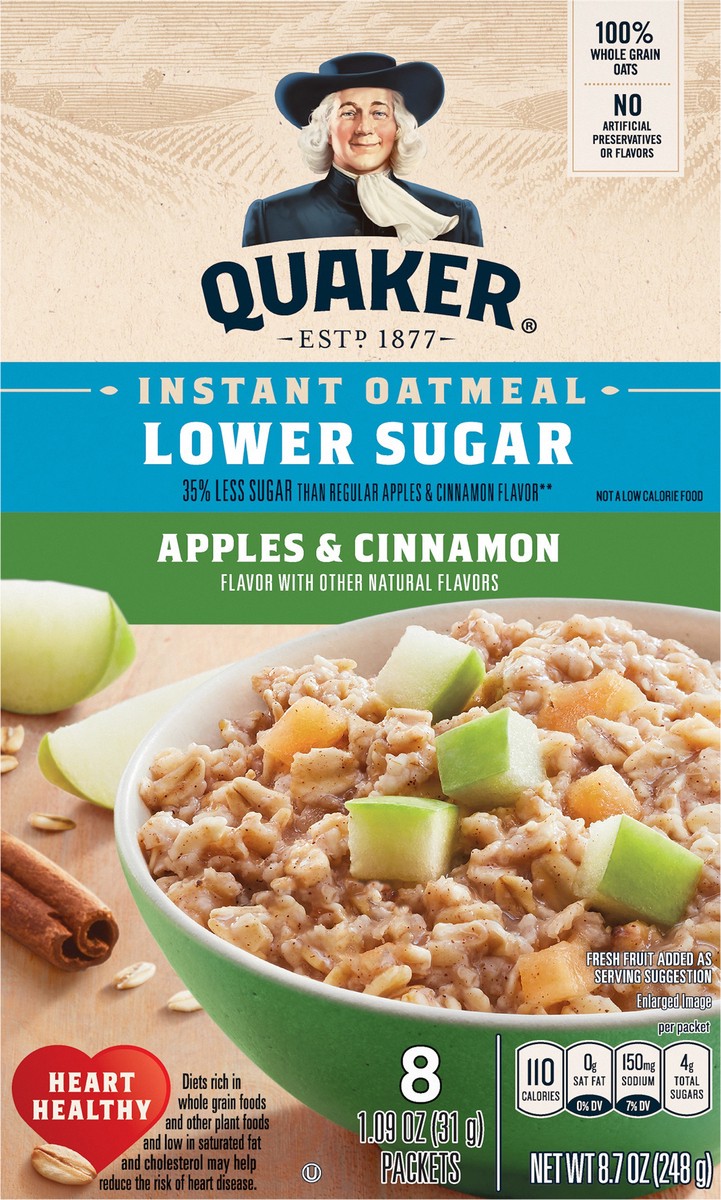 slide 5 of 8, Quaker Instant Oatmeal Lower Sugar Apples & Cinnamon 1.09 Oz 8 Count, 8 ct