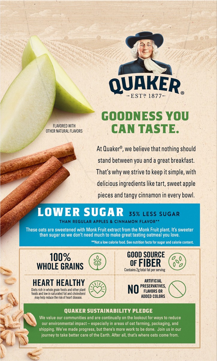 slide 2 of 8, Quaker Instant Oatmeal Lower Sugar Apples & Cinnamon 1.09 Oz 8 Count, 8 ct