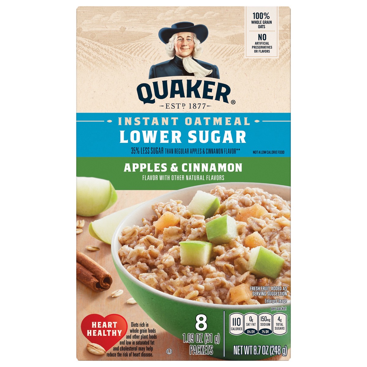 slide 3 of 8, Quaker Instant Oatmeal Lower Sugar Apples & Cinnamon 1.09 Oz 8 Count, 8 ct
