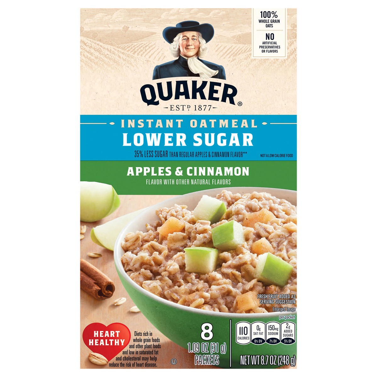 slide 1 of 8, Quaker Instant Oatmeal Lower Sugar Apples & Cinnamon 1.09 Oz 8 Count, 8 ct