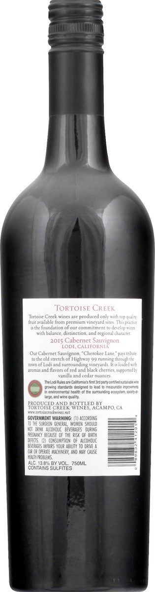 slide 4 of 6, Tortoise Creek Cabernet Sauvignon, Cherokee Lane, Lodi, California, 2015, 750 ml