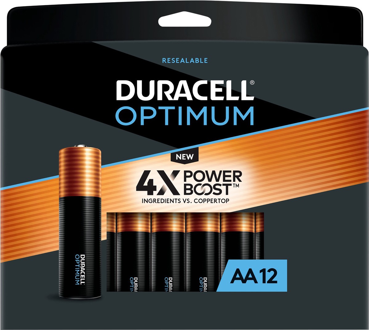 slide 4 of 6, Duracell Optimum AA Batteries - 12pk Alkaline Battery with Resealable Tray, 12 pack