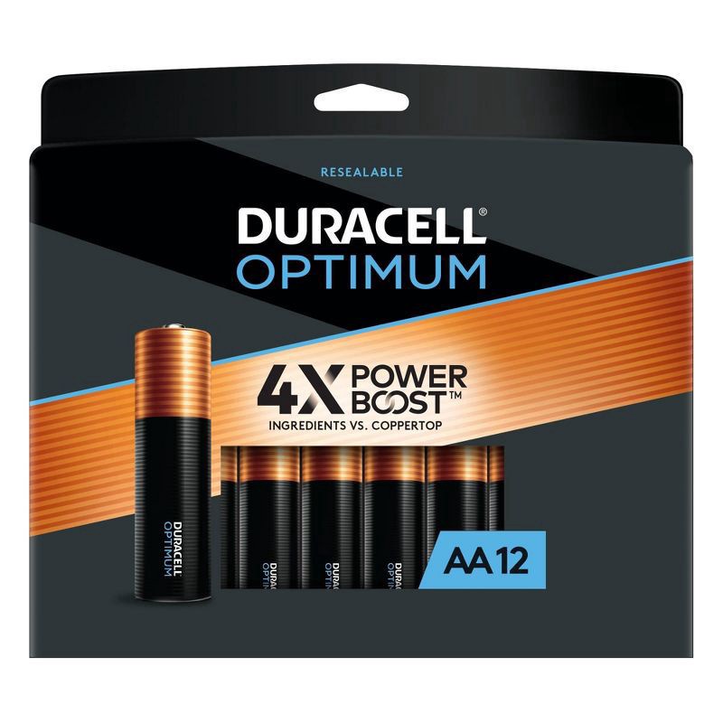slide 1 of 6, Duracell Optimum AA Batteries - 12pk Alkaline Battery with Resealable Tray, 12 pack