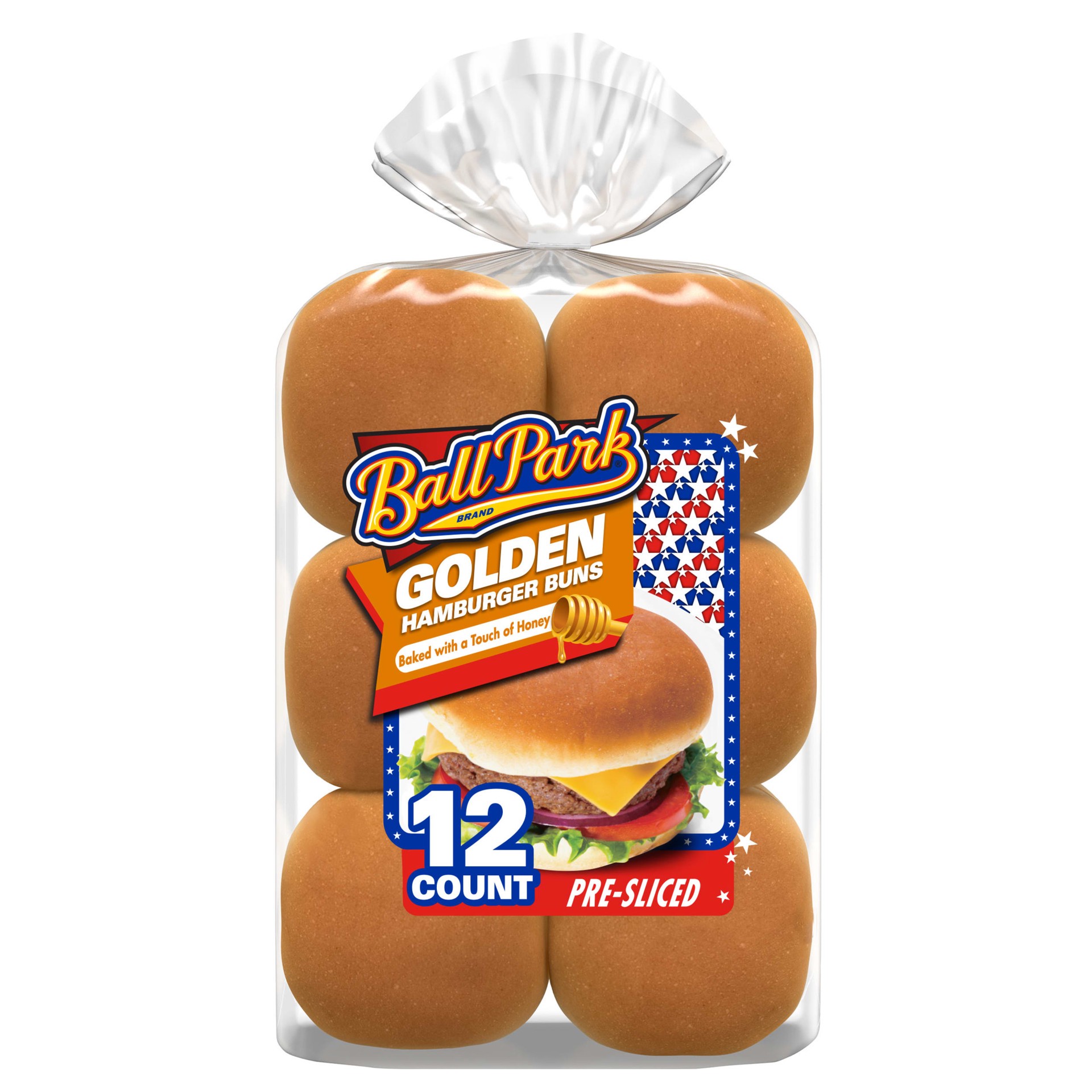 slide 1 of 3, Ball Park Golden Hamburger Buns, 12 count, Honey Pre-sliced Hamburger Buns, 23 oz Bag, 12 ct