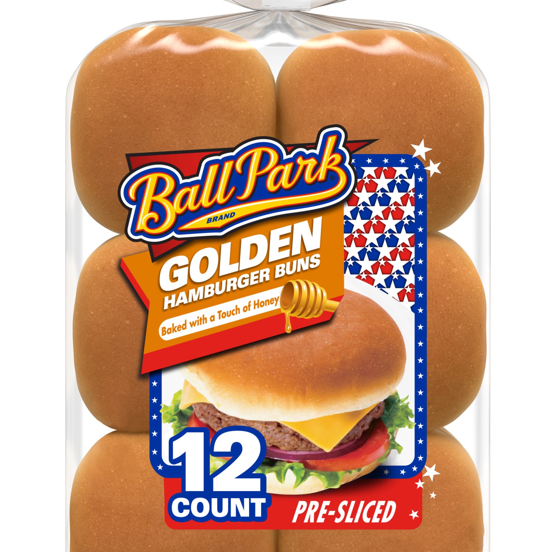 slide 1 of 3, Ball Park Golden Hamburger Buns, 12 count, Honey Pre-sliced Hamburger Buns, 23 oz Bag, 12 ct