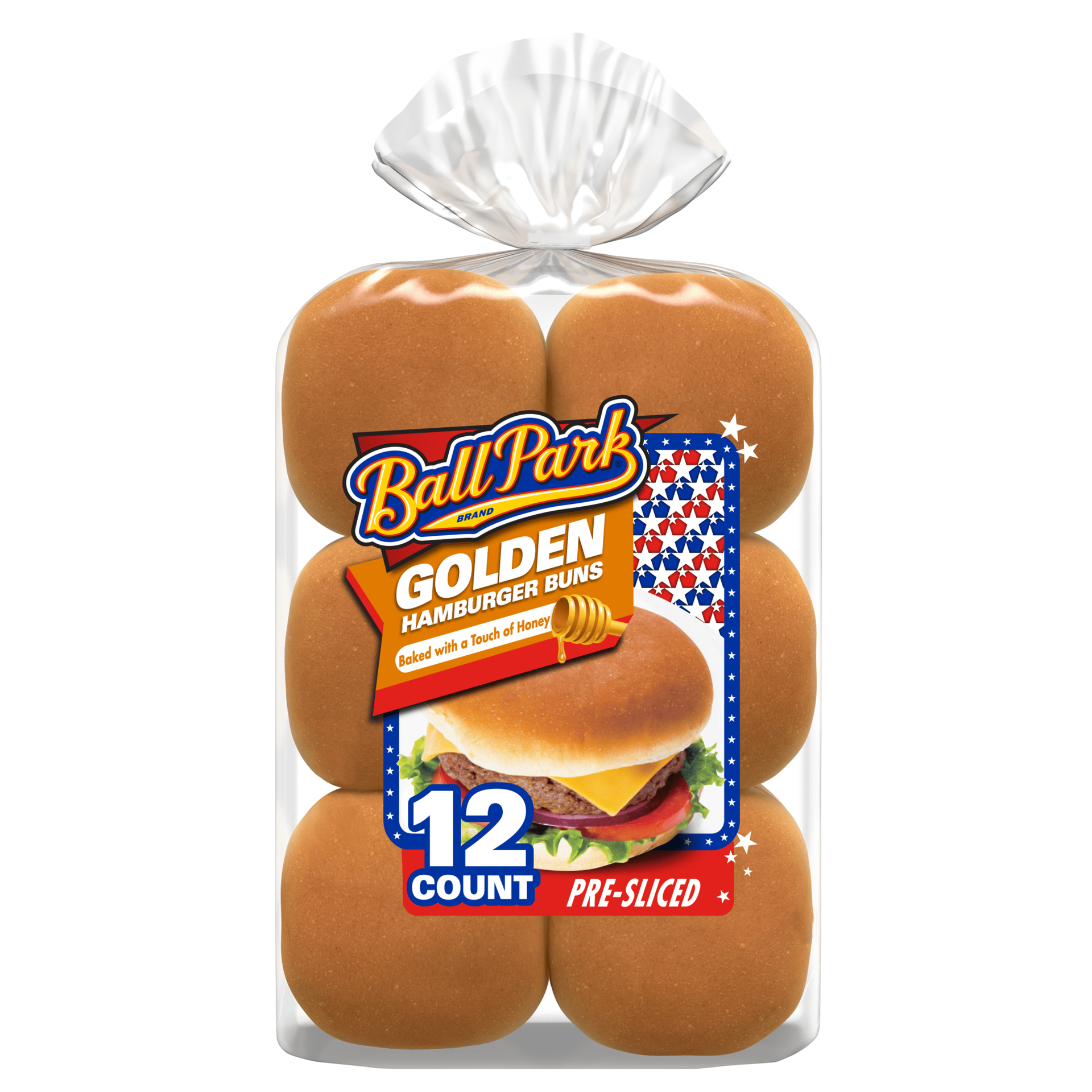 slide 1 of 3, Ball Park Golden Hamburger Buns, 12 count, Soft Honey Pre-sliced Hamburger Buns, 23 oz Bag, 12 ct