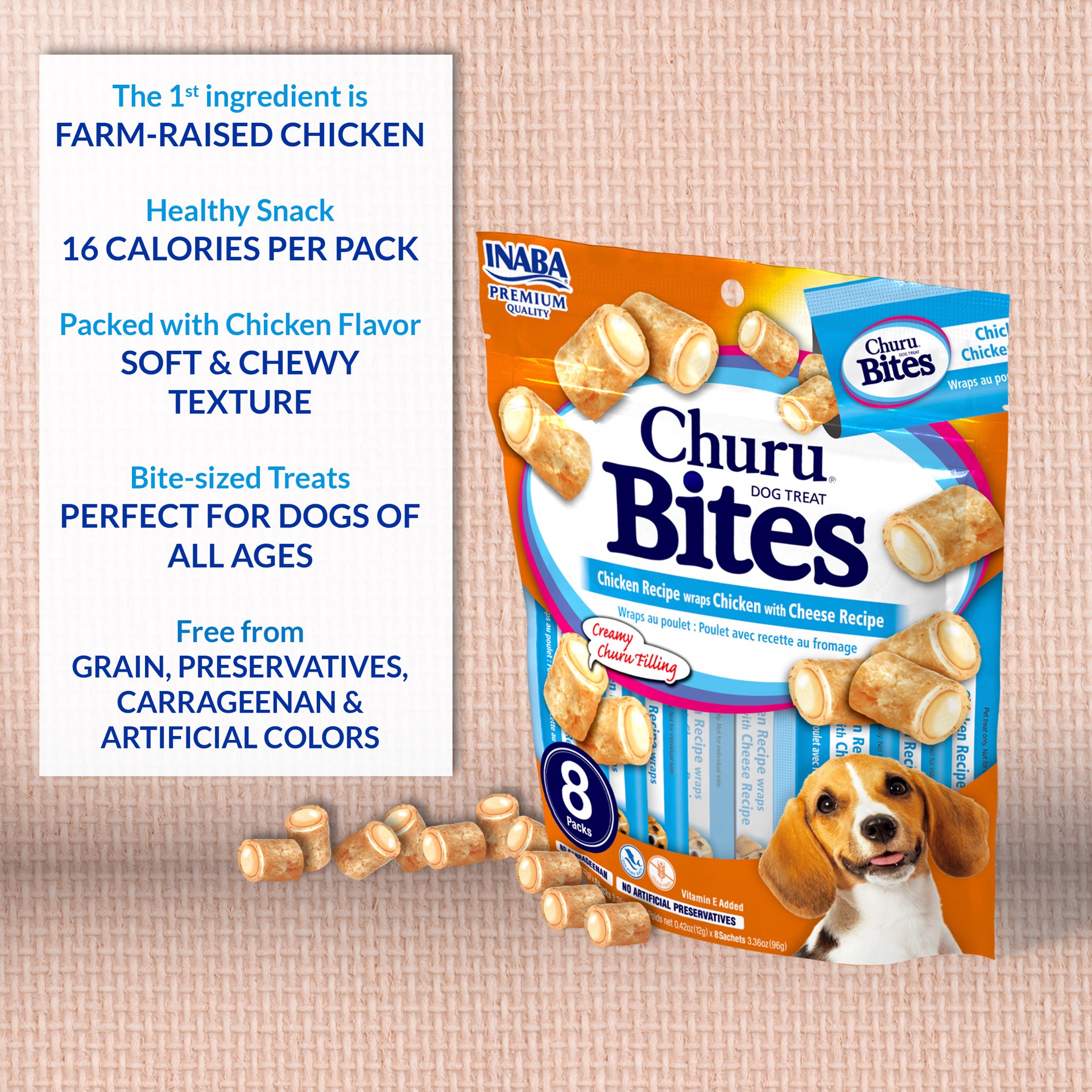 slide 2 of 6, INABA Churu Bites for Dogs, Soft/Chewy Baked Chicken Wrapped Churu Filled Dog Treats with Vitamin E, 0.42 Ounces per Tube, 8 Tubes Total, Chicken with Cheese Recipe, 8 ct