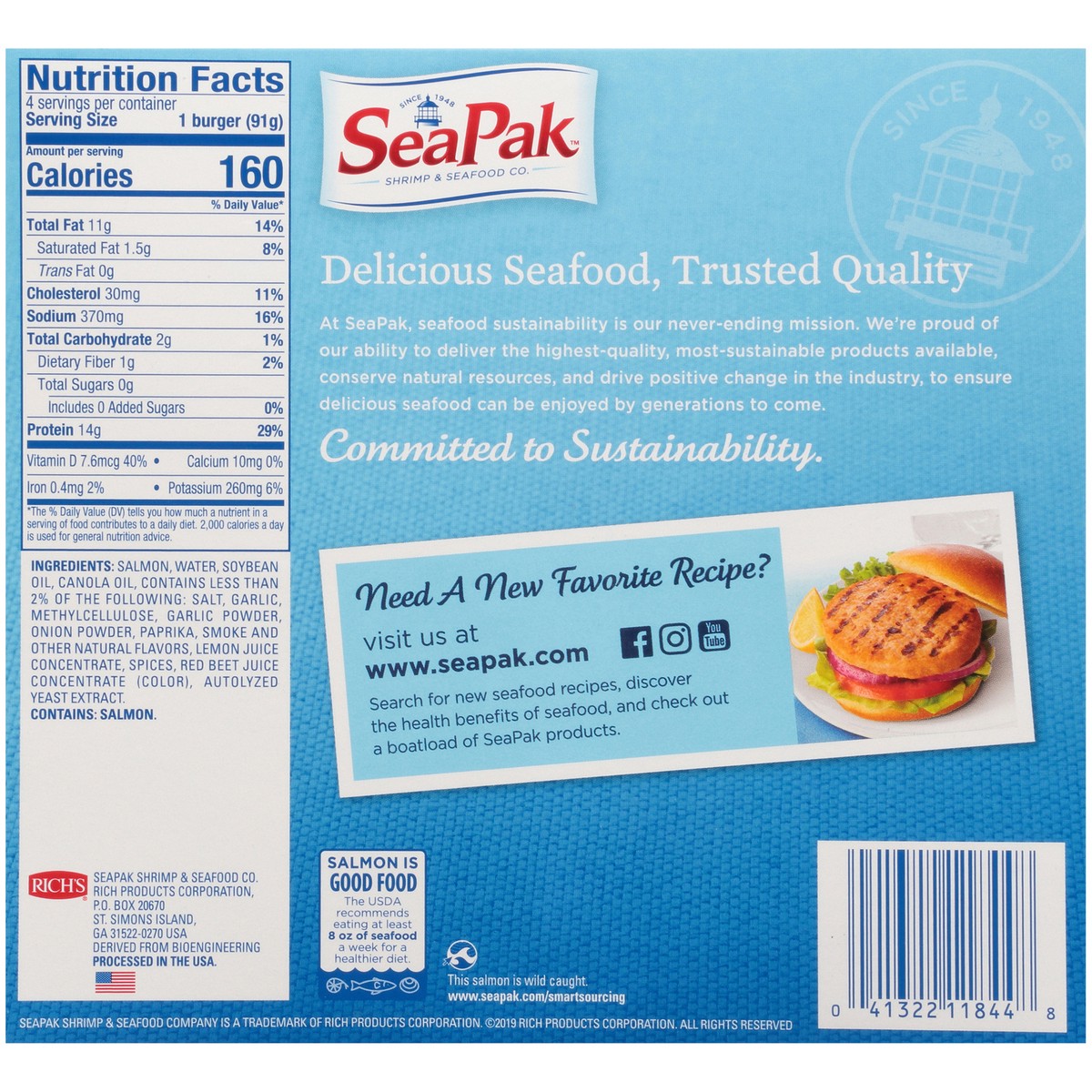 slide 7 of 14, SeaPak Shrimp & Seafood Co. Alaskan Salmon Burger 4 ct Box, 12.8 oz