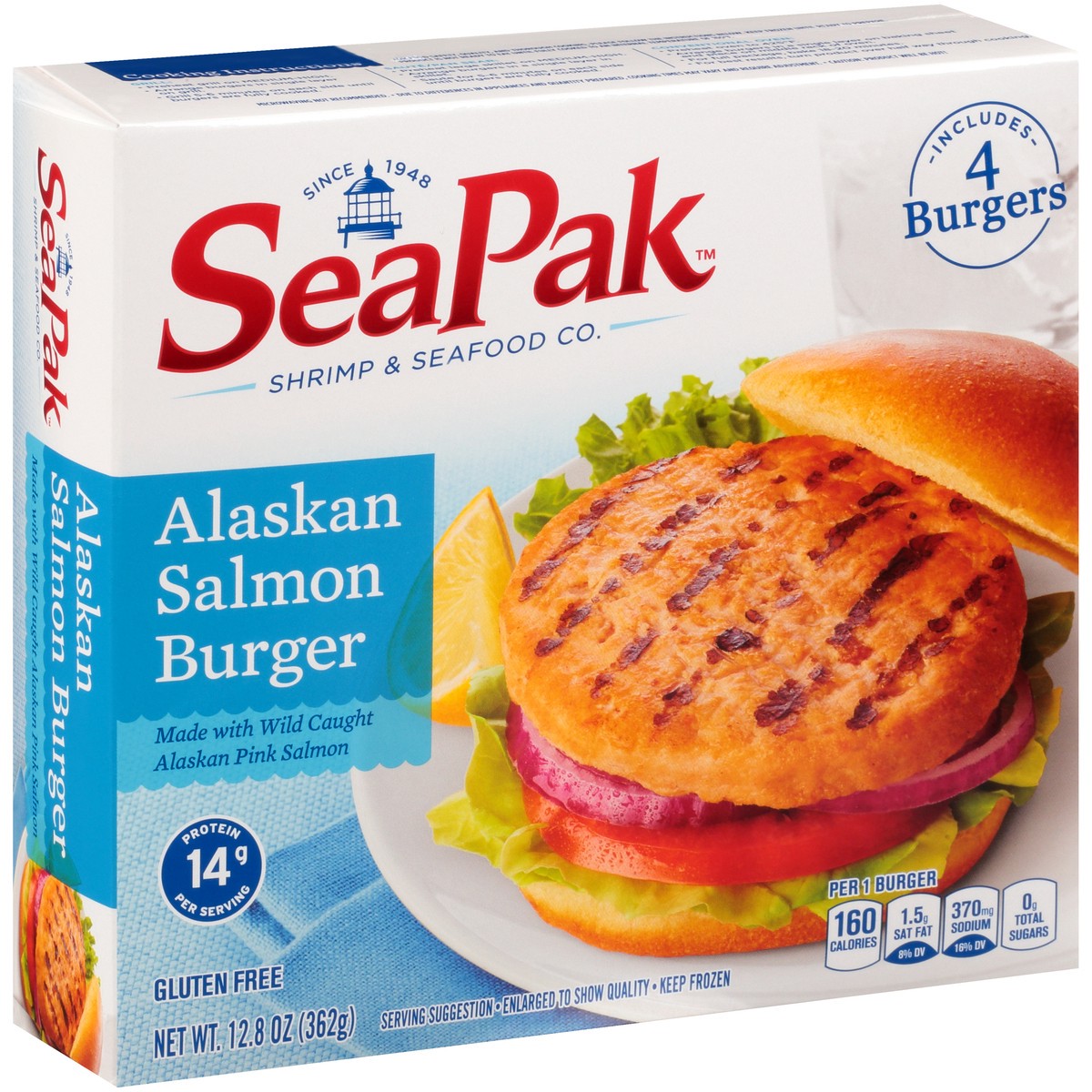 slide 4 of 14, SeaPak Shrimp & Seafood Co. Alaskan Salmon Burger 4 ct Box, 12.8 oz